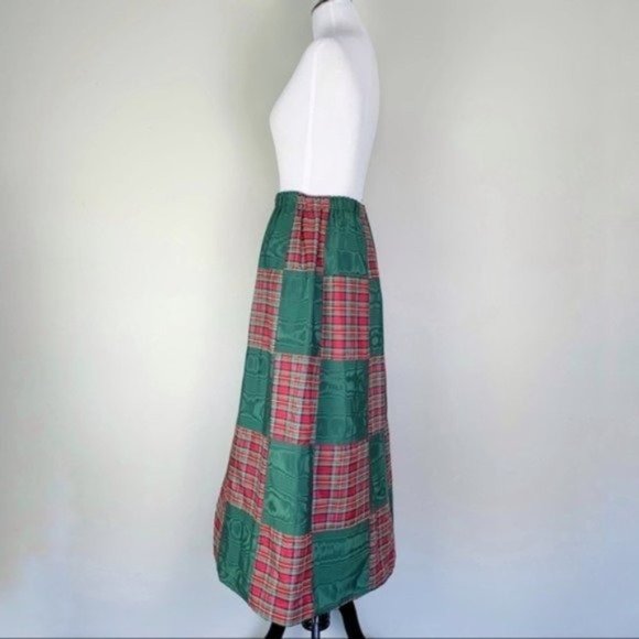 Vintage 70s Green & Red Plaid Satin Patchwork Maxi A-Line Skirt by Mr. Hank - Picture 5 of 8